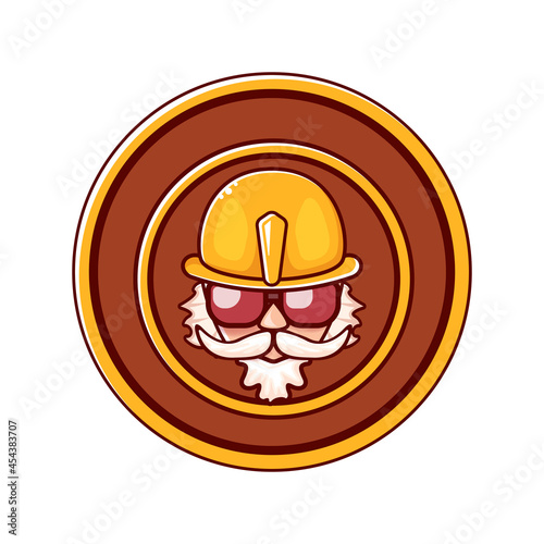 Worker man icon with orange helmet and beard isolated on white background. 1 may Labor day icon or sign with funky man