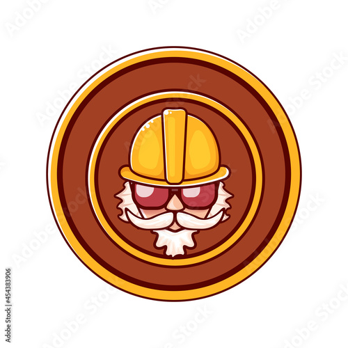 Worker man icon with orange helmet and beard isolated on white background. 1 may Labor day icon or sign with funky man