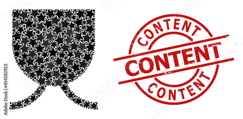 Full mug star mosaic and grunge Content seal. Red seal with corroded style and Content slogan inside circle. Abstract full mug mosaic is organized with randomized flat star items.