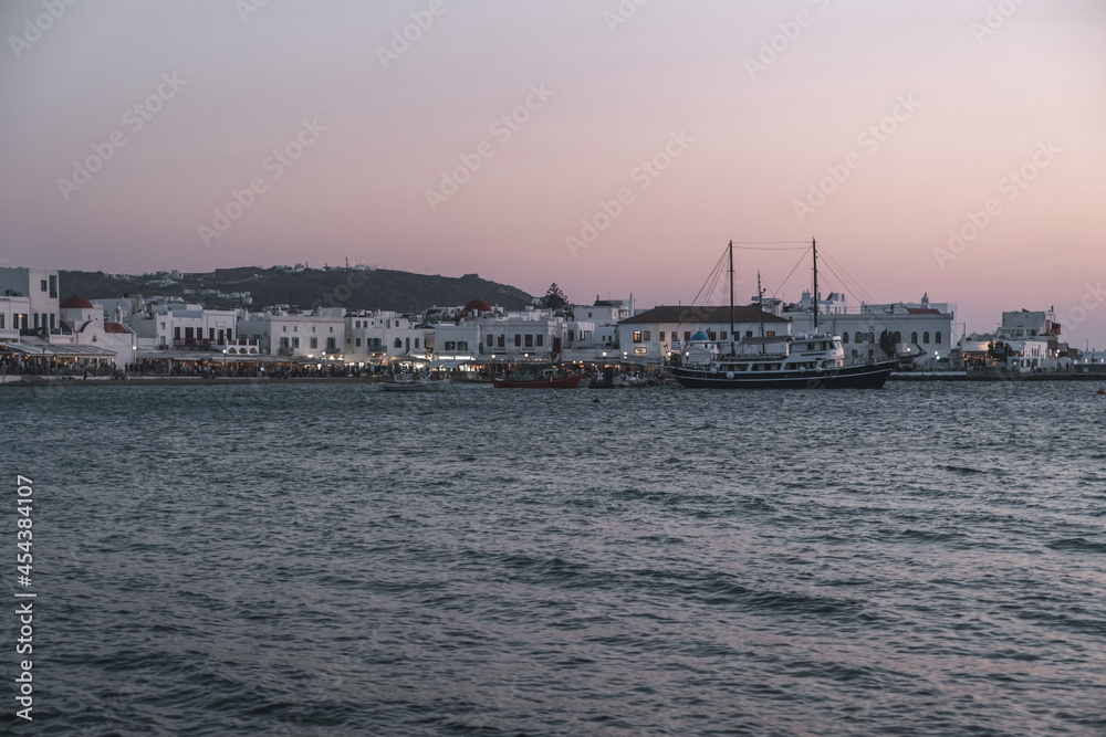 port at sunset mykonos