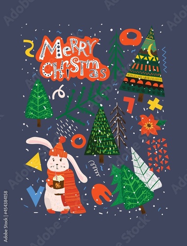 Fototapeta Naklejka Na Ścianę i Meble -  Vector hand drawing trendy abstract illustrations of holiday card of Merry Christmas and Happy New Year 2022 with christmas tree, winter forest and lettering.