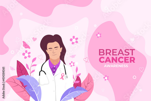 International day against breast cancer. Breast cancer awareness month October, Hand drawn flat portrait illustration Pink background