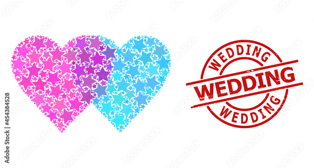 Lovely hearts star pattern and grunge Wedding seal stamp. Red seal with distress style and Wedding text inside circle. Abstract lovely hearts concept is organized with random flat star items. Lovely hearts star pattern and grunge Wedding seal stamp. Red seal with distress style and Wedding text inside circle. Abstract lovely hearts concept is organized with random flat star items.