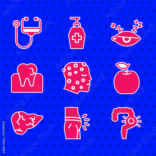 Set Psoriasis or eczema rash, Abdominal bloating, Gut constipation, Apple, Hepatitis virus, Tooth with caries, Insomnia and Stethoscope icon. Vector