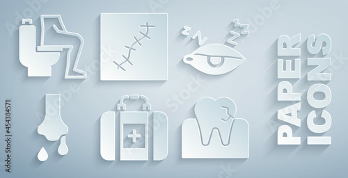 Set First aid kit, Insomnia, Runny nose, Tooth with caries, Scar suture and Constipation icon. Vector