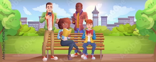Cartoon young people sitting on bench in city park. Teen boys hold smartphone in hand and chatting in social networks. Girls reading book or studying. Characters communicate online with mobile devices