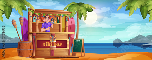 Summer beach with tiki bar and happy barman. Vector cartoon bartender with cocktails and wooden cafe on sandy sea coastline. Tropical ocean shore with palm trees. Hut bar with tribal masks and drinks.