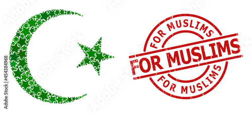 Muslim moon star pattern and grunge For Muslims seal stamp. Red seal with grunge style and For Muslims word inside circle. Abstract muslim moon composition is composed with scattered flat star parts.