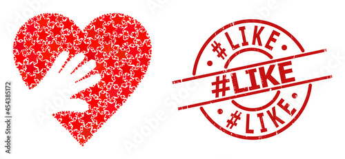 Hand touch heart star mosaic and grunge #Like seal stamp. Red seal with distress style and #Like slogan inside circle. Abstract hand touch heart mosaic is done with random flat star icons.