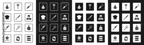 Set Grilled shish kebab, Bread knife, Chef hat, Kitchen apron, Cook, hammer, Cutting board and Knife icon. Vector
