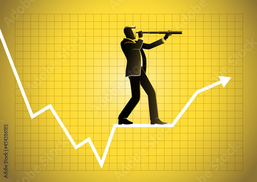 Businessman using telescope on graphic chart