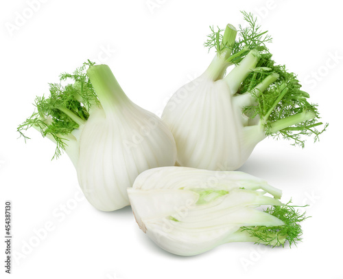 fresh fennel bulb with half isolated on white background with full depth of field