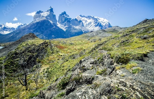 View of the snow-capped mountains in the Chilean Patagonia National Park of Torres del Paine on a sunny day