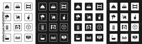 Set Hotel room bed, Suitcase, door lock key, service bell, Champagne in an bucket, Wi-Fi wireless and building icon. Vector