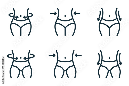 Slimming Waist. Woman and Man Loss Weight Line Icon. Shape Waistline Control Outline Icon. Set of Female and Male Body Slimming Linear Pictogram. Editable Stroke. Isolated Vector Illustration