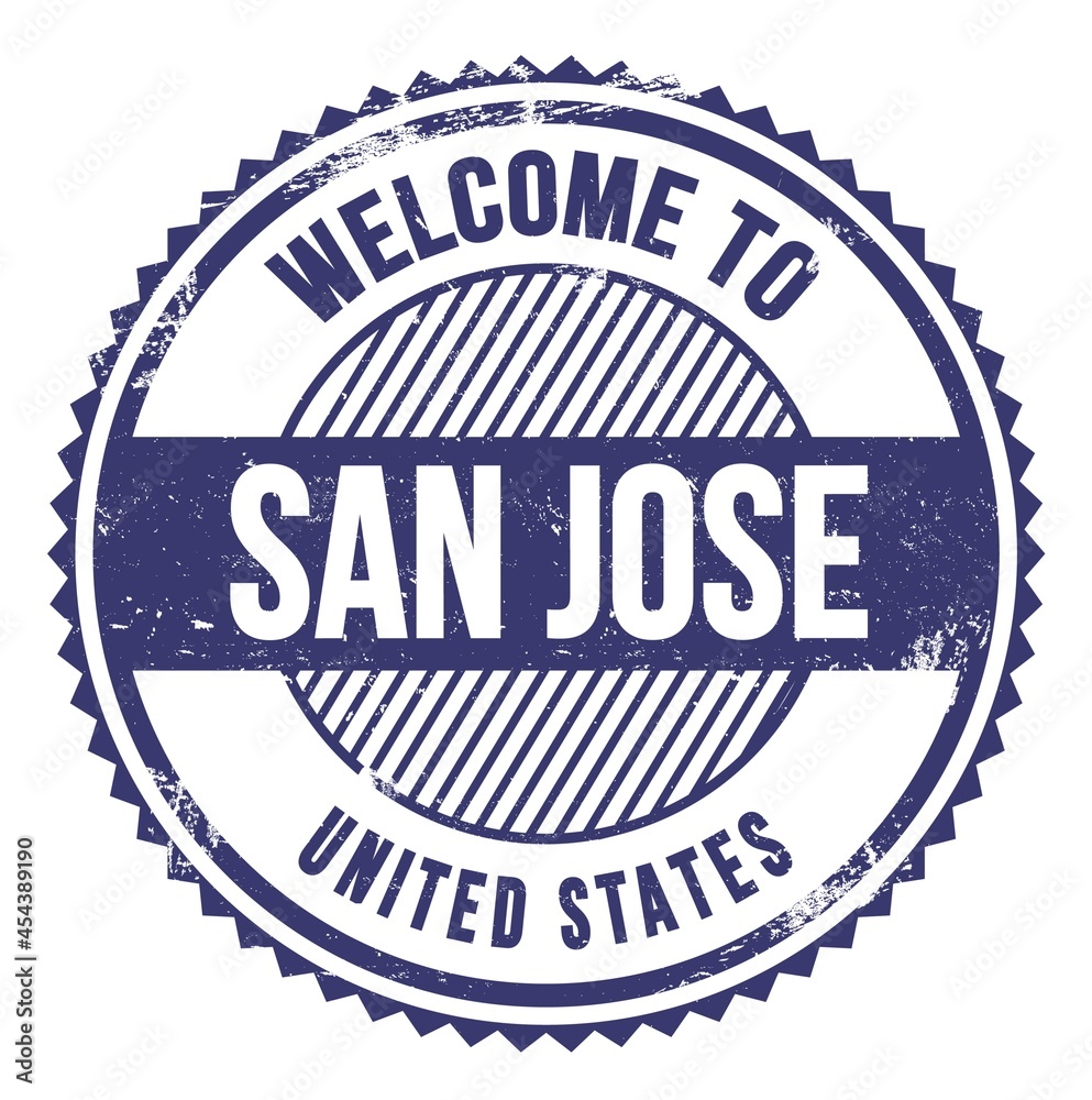 WELCOME TO SAN JOSE - UNITED STATES, words written on blue stamp WELCOME TO SAN JOSE - UNITED STATES, words written on blue stamp
