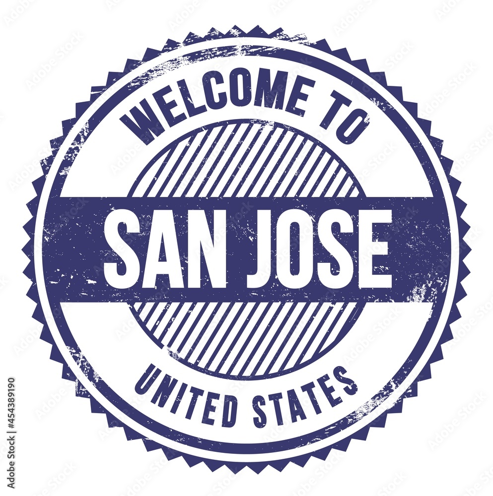 WELCOME TO SAN JOSE - UNITED STATES, words written on blue stamp