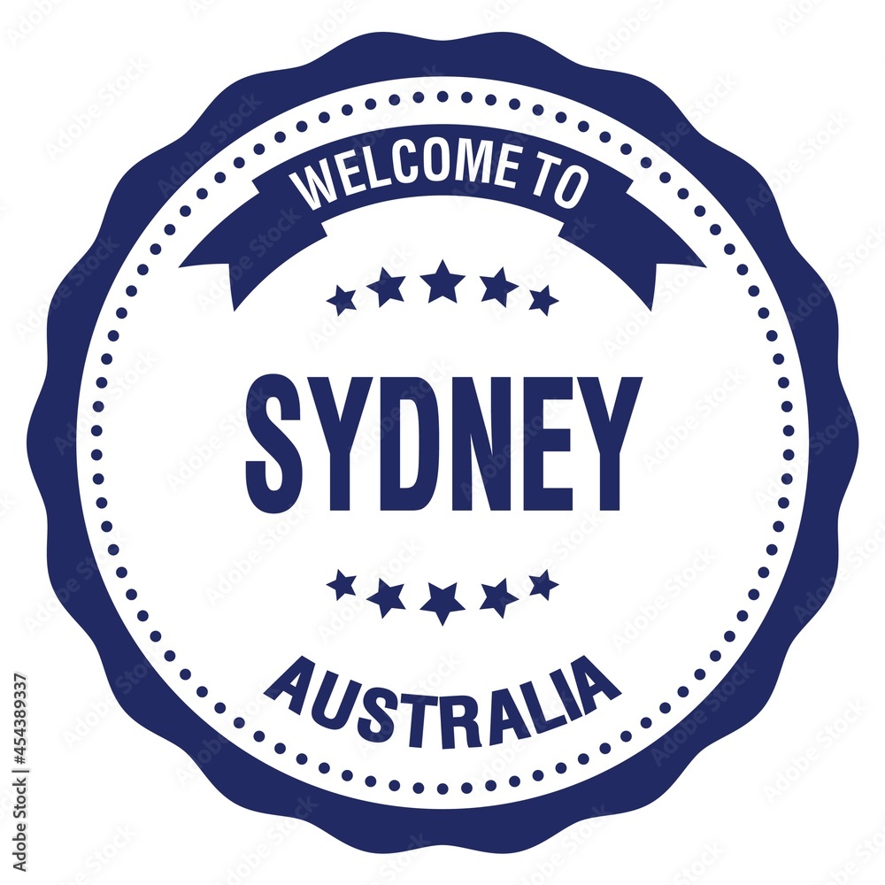 WELCOME TO SYDNEY - AUSTRALIA, words written on blue stamp