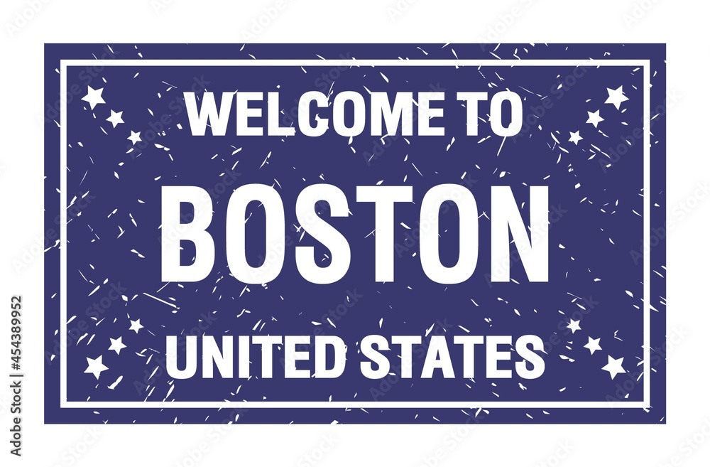 WELCOME TO BOSTON - UNITED STATES, words written on blue rectangle stamp