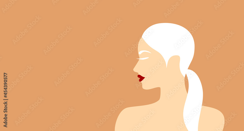 Profile of an albino woman with red lips on a soft orange background with copy space
