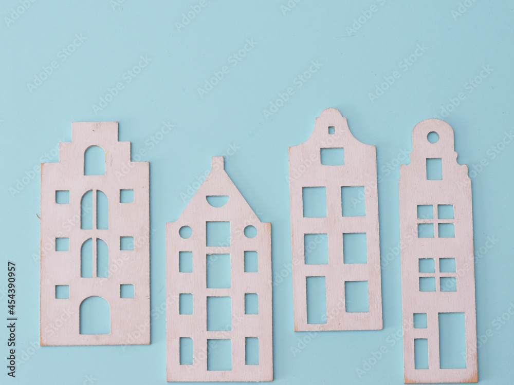 houses postcard, art. Top view, flat lay. background. pastel colors