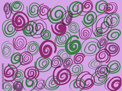 Green  crimson spirals on a purple background. Vector image for fabric  graphic textiles  prints  wallpapers.