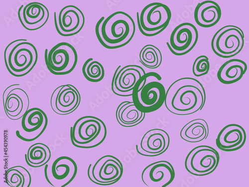 Green spirals on a purple background. Vector image for fabric, graphic textiles, prints, wallpapers.