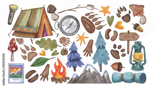 Hand drawing watercolor collection set ig camping objects and forest animals paws. Use for poster, print, postcard, pattern, flyers, template, shop, children’s book, illustration, icon