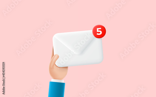 Cartoon hand of businessman holds envelope with new emails. Concept of notification of new emails. 3d vector illustration with hand and white envelope.