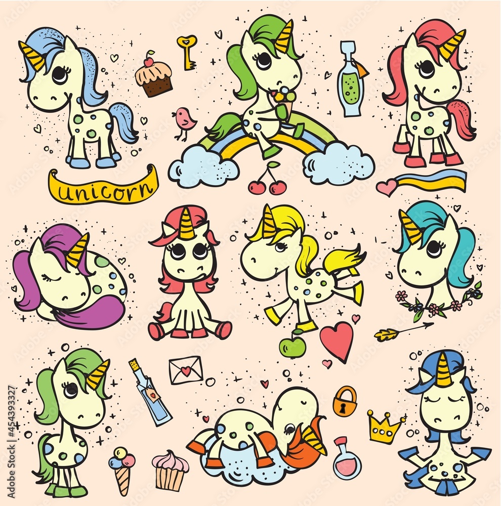Obraz premium Set of cute doodle magic unicorns and magic things for kid's greeting card design, t-shirt print, inspiration poster.