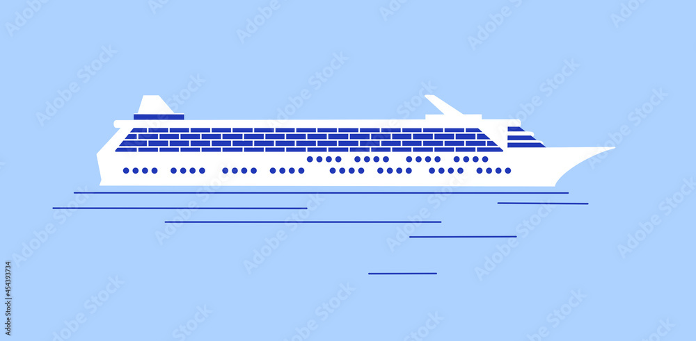 cruise ship illustration. commercial passenger modern travel ship. flat graphic icon on cruise ship liner in ocean sea river water. leisure vacation destination travel transportation.