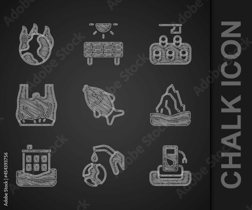 Set Dead fish, Gas pump nozzle and globe, Petrol or gas station, Iceberg, House flood, Say to plastic bags poster, Deforestation and Global warming fire icon. Vector