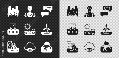 Set Say no to plastic bags poster, High human body temperature, Global warming, Wastewater, CO2 emissions cloud, Deforestation, and Drought icon. Vector