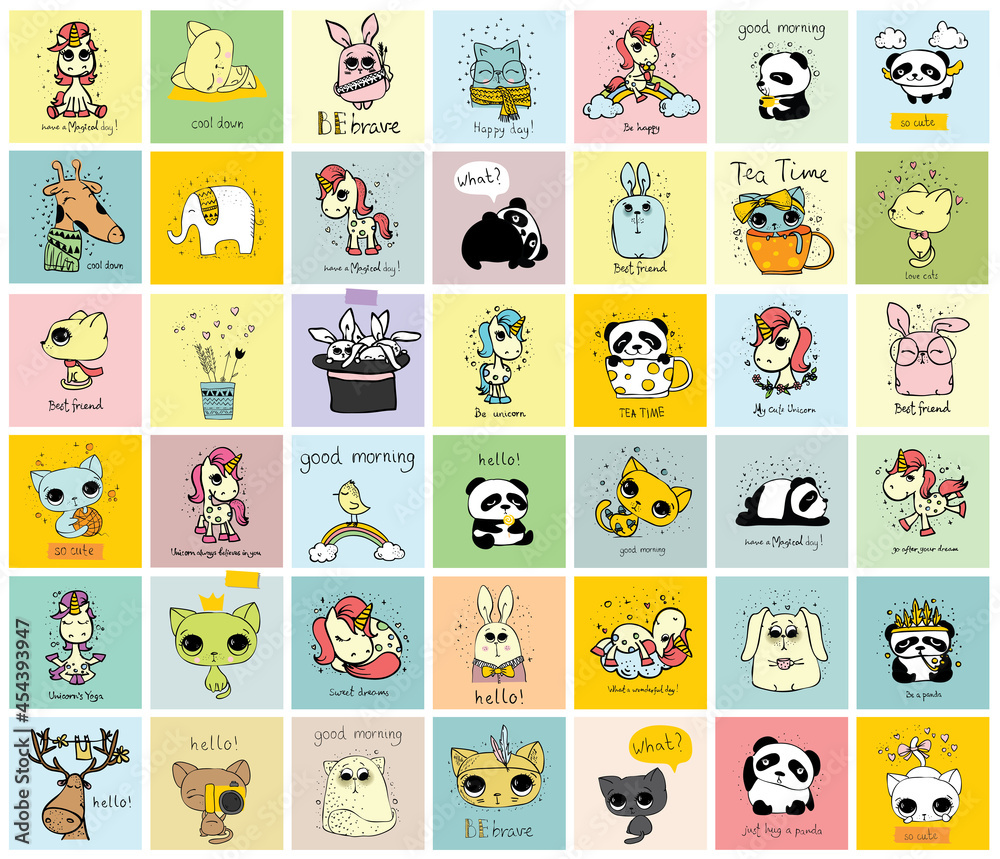 Vector set of cute doodle hipster animals. Perfect for greeting cards design, t-shirt prints and kid's posters. Vector set of cute doodle hipster animals. Perfect for greeting cards design, t-shirt prints and kid's posters.