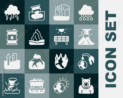 Set Polar bear head, Gas pump nozzle and globe, Volcano eruption with lava, Glacier melting, Iceberg, Barrel oil, Storm and Solar energy panel icon. Vector