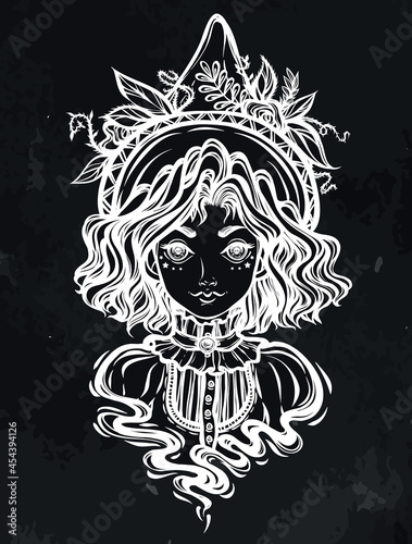 Vector illustration, Halloween, witch, mystic, witchcraft. handmade, prints,tattoo, background  chalkboard