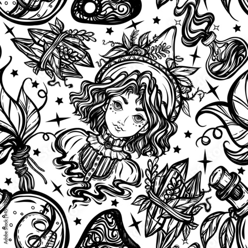 Vector illustration, Halloween, witch, mystic, witchcraft, bottles of potion, dried leaves. handmade, prints, background white, seamless pattern