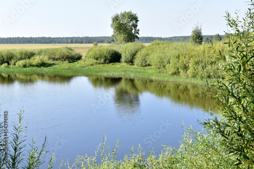 Blue lake with a green shore fishing landscape