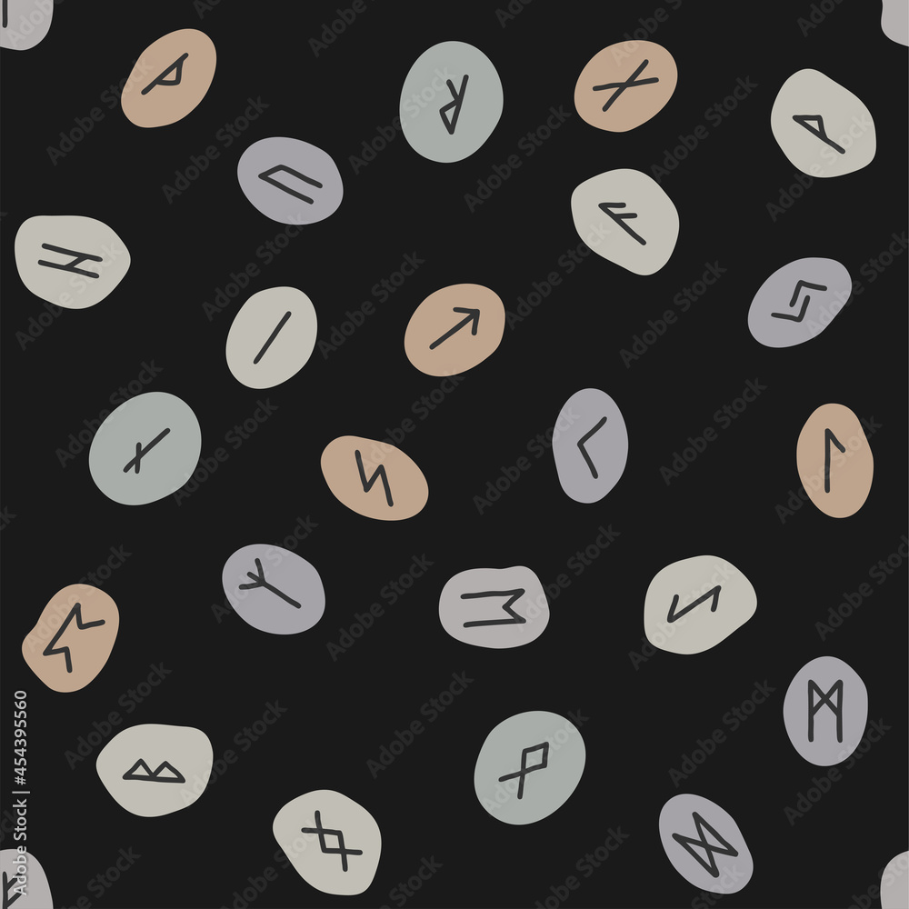 Scandinavian runes. Runic stones on a black background. Seamless pattern, vector illustration. Texture for fabric, wrapping, wallpaper. Decorative print. Scandinavian runes. Runic stones on a black background. Seamless pattern, vector illustration. Texture for fabric, wrapping, wallpaper. Decorative print.