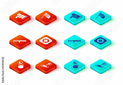 Set Ball on chain, Caduceus snake medical, Police rubber baton, Hospital signboard, Peace and Megaphone and dollar icon. Vector