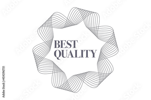 Simple, elegant, minimal graphic design of a saying "Best Quality" with repetitive lines forming a geometric shape in badge, ribbon abstraction. Cool, trendy graphic vector art in grey color.
