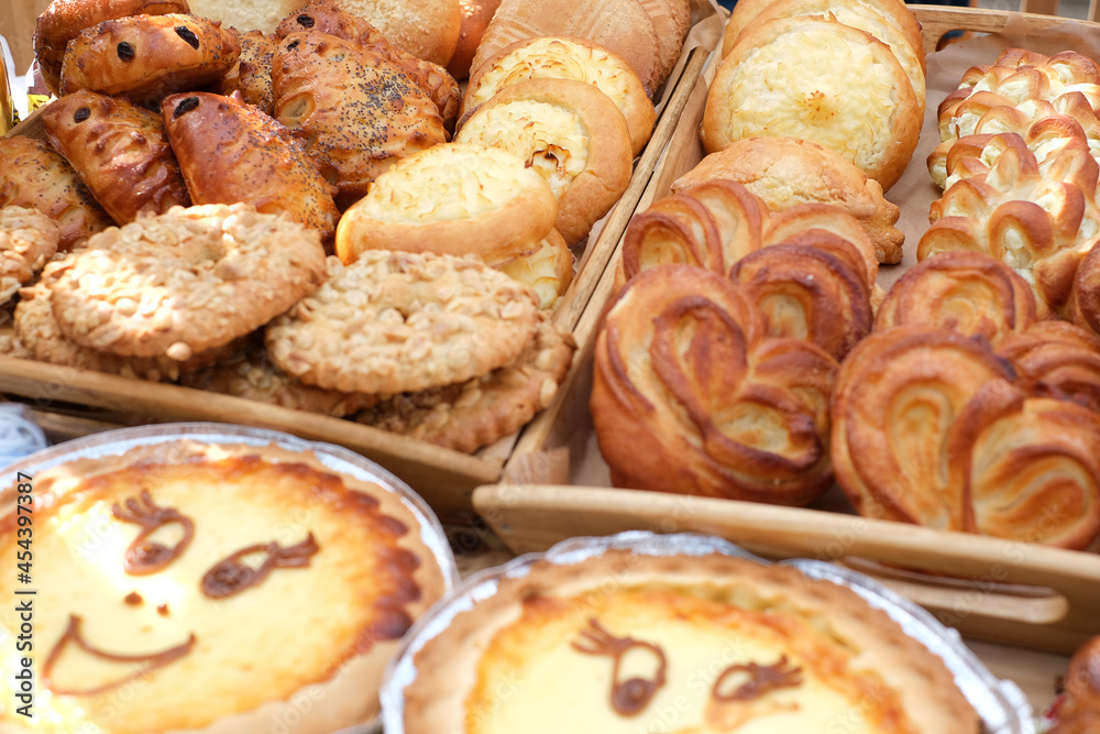 Handmade baked goods on the market. Mockup background