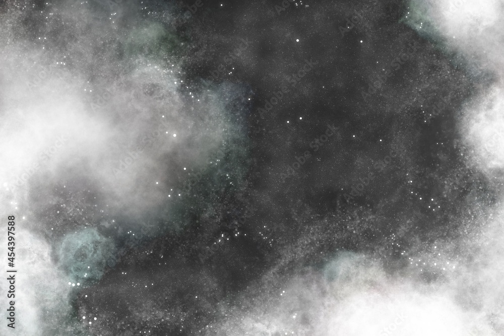 Background illustration, space, black sky and white clouds, bright stars Background illustration, space, black sky and white clouds, bright stars