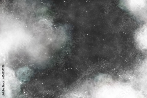 Background illustration, space, black sky and white clouds, bright stars