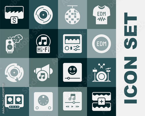 Set Music wave equalizer, Drums, EDM electronic dance music, Disco ball, note, tone, Stereo speaker, and machine icon. Vector