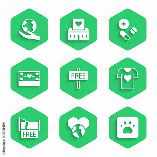 Set Free sign, The heart world - love, Paw print, Clothes donation, overnight stay house, Donation and charity, Medicine pill tablet and Hand holding Earth globe icon. Vector