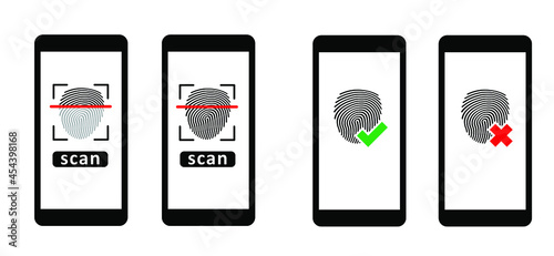 Right, wrong or lock, unlock. People fingerprint or finger print pictogram. Personal touch id app. Mobile touchscreen scan. Human fingerprints icon. Vector sign. Password, blocking, security concept.