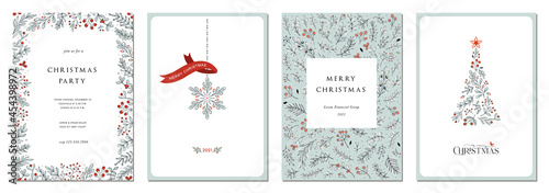 Merry Christmas and Happy Holidays cards with New Year tree, snowflake, floral frames and backgrounds. Ornate modern universal artistic templates.