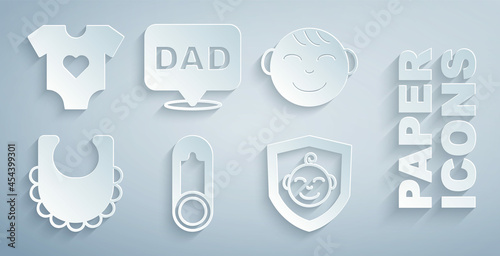 Set Baby clothes pin, Little boy head, bib, on shield, Speech bubble dad and icon. Vector