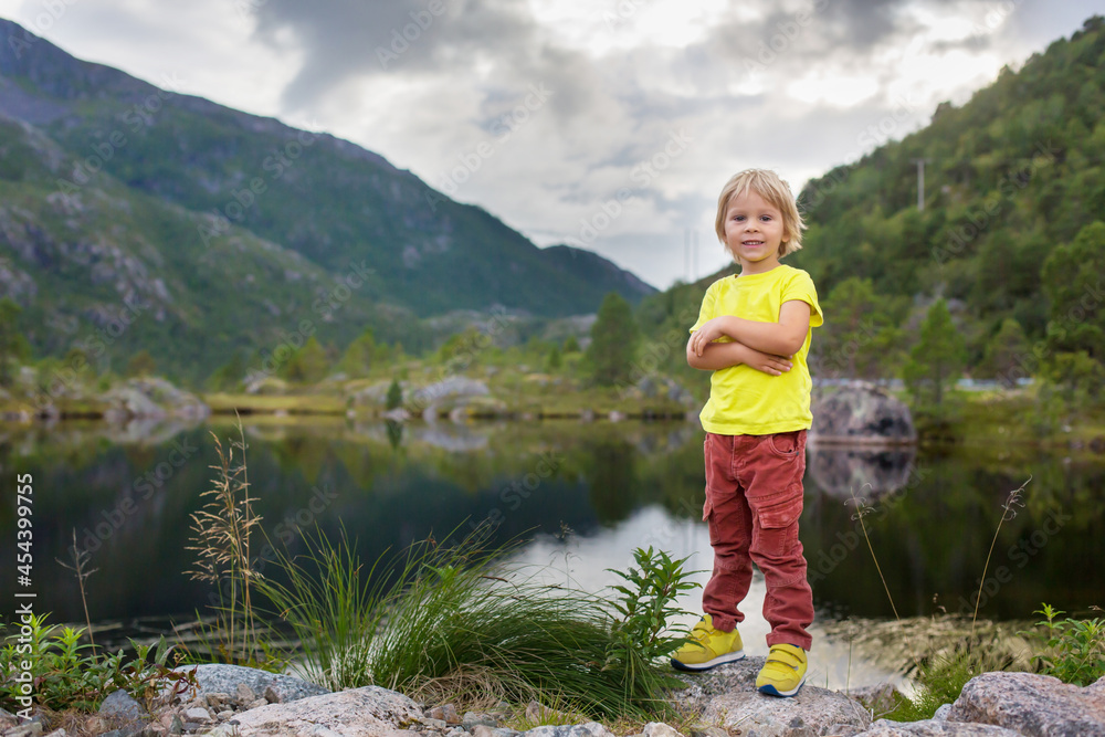 Beautiful blond child, cute boy, standing on the edge of a fjord in Lofoten, enjoying